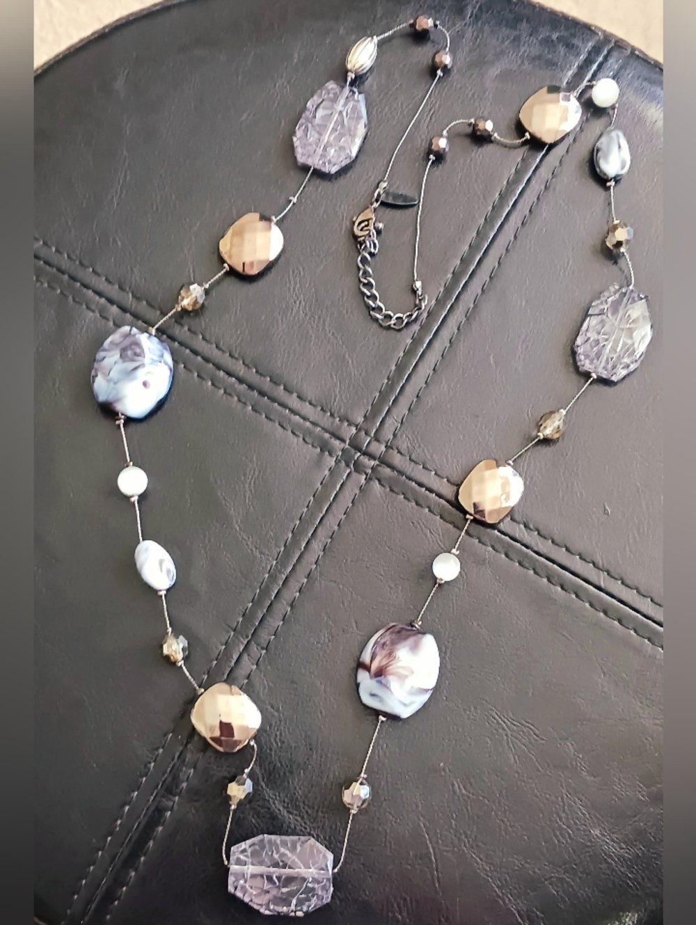 Clear Crackle Crystal & Purplish Black Stone Silvertone Necklace, 19.5" drop